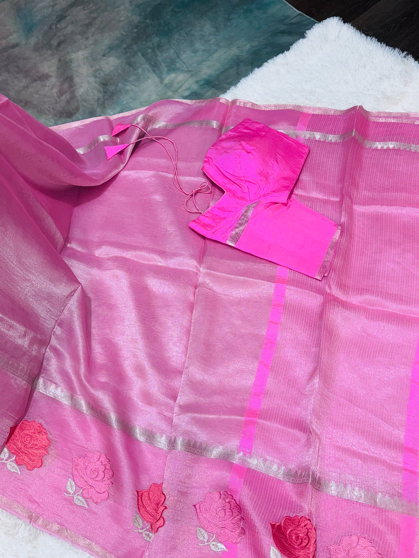 Pink Banarasi Kora Silk Saree with Rose Motif & Silver Border