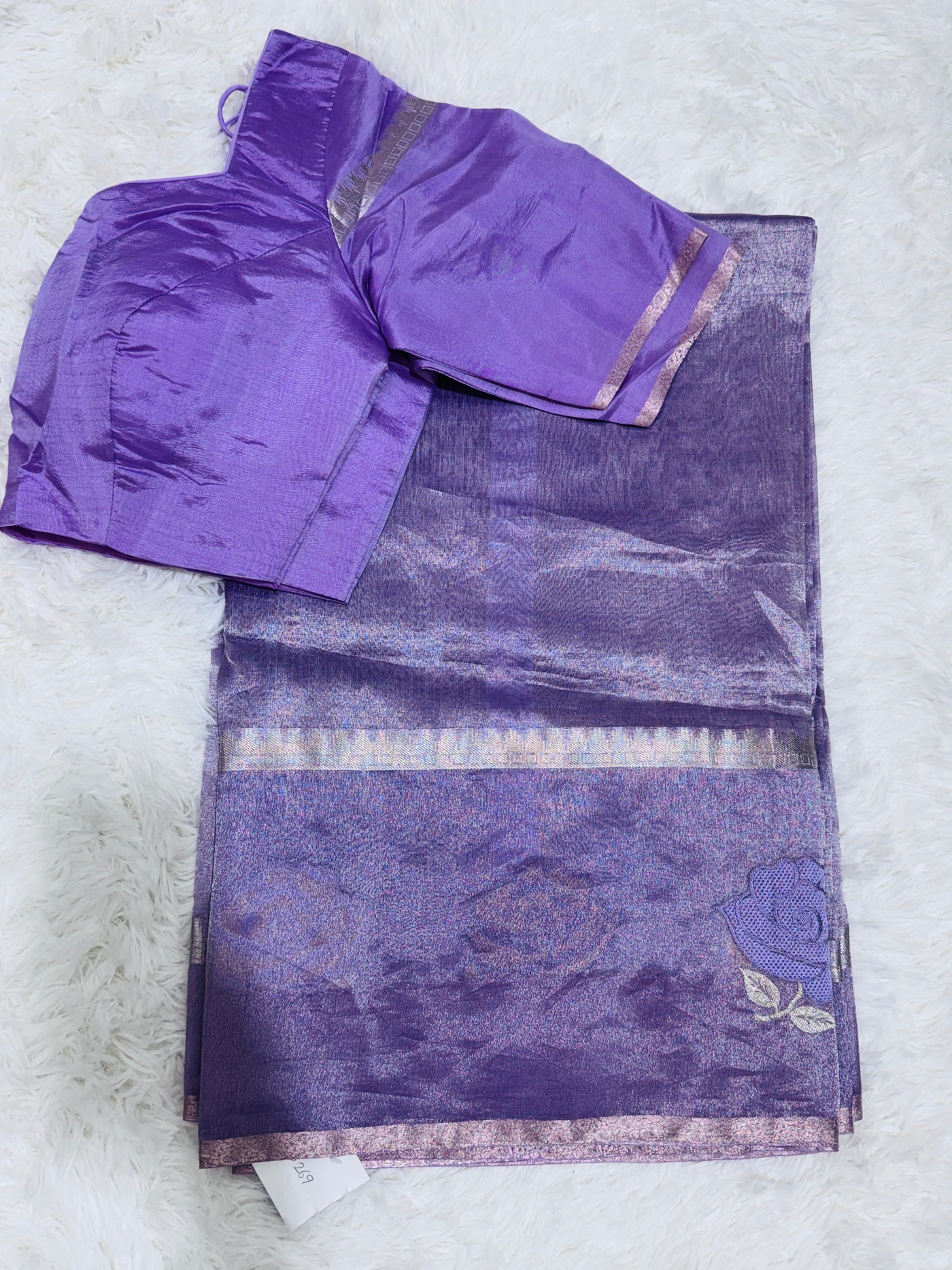 Lavender Banarasi Kora Silk Saree with Rose Motif Border & Matching Blouse