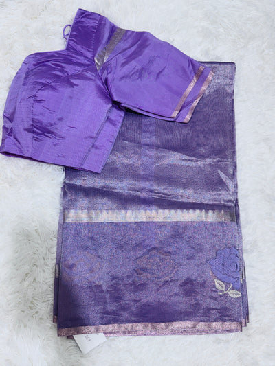 Lavender Banarasi Kora Silk Saree with Rose Motif Border & Matching Blouse
