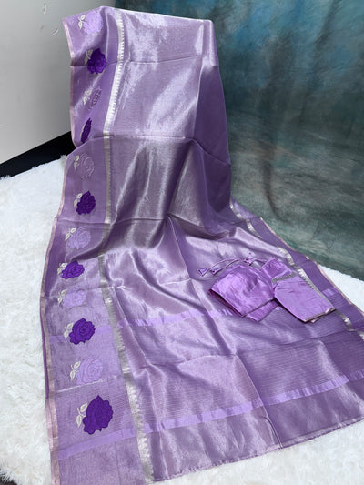 Lavender Banarasi Kora Silk Saree with Rose Motif Border & Matching Blouse