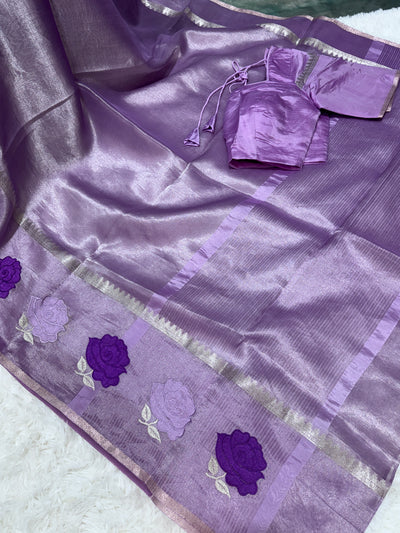 Lavender Banarasi Kora Silk Saree with Rose Motif Border & Matching Blouse