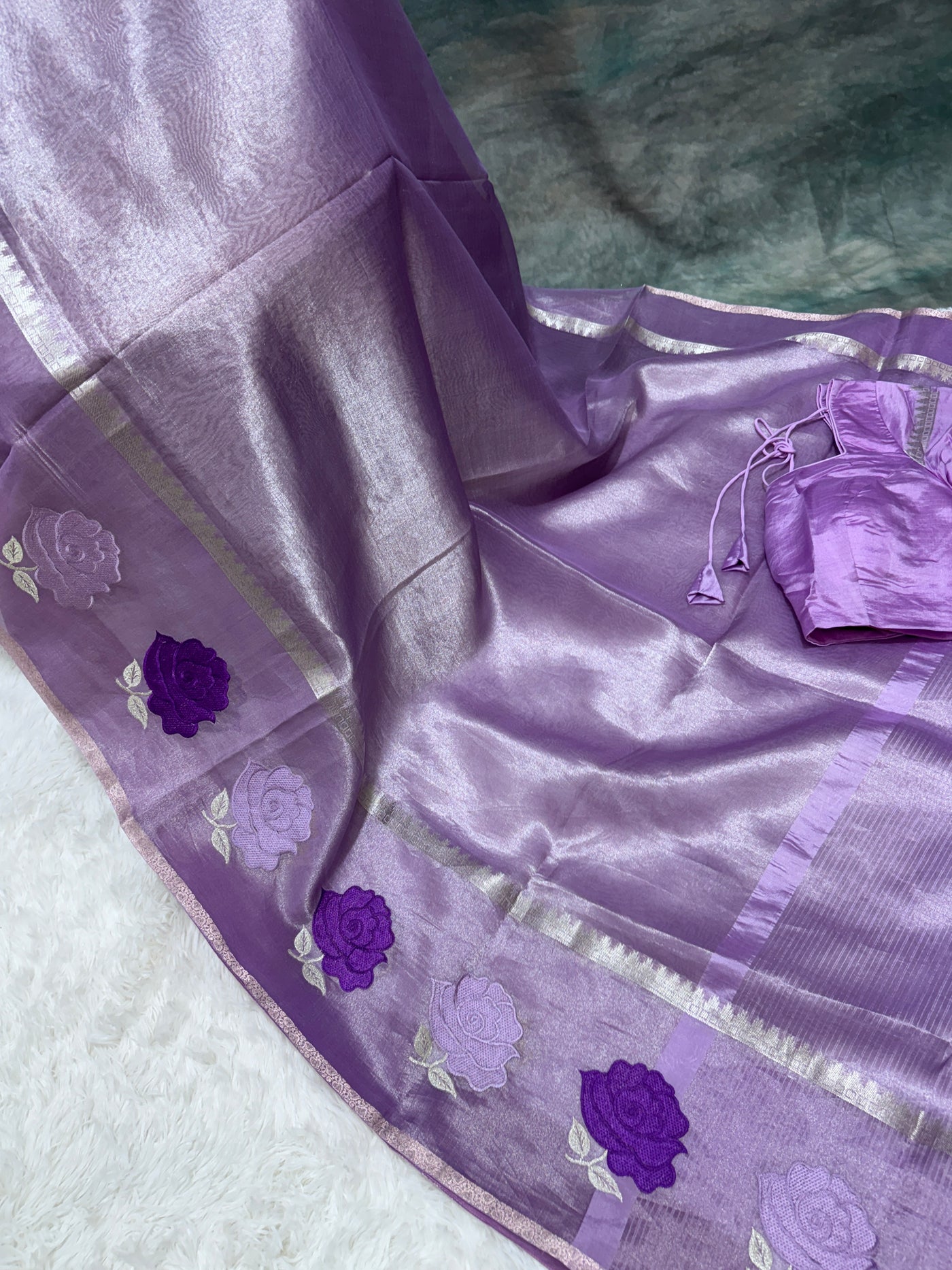 Lavender Banarasi Kora Silk Saree with Rose Motif Border & Matching Blouse