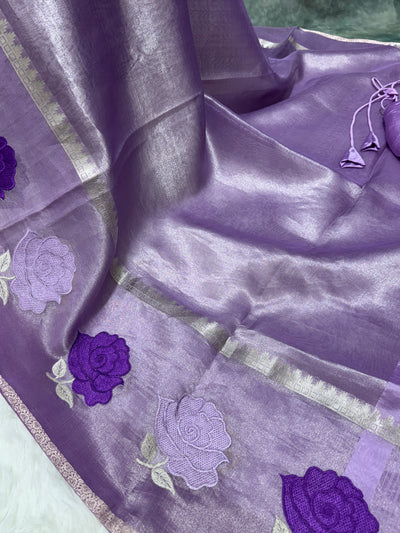 Lavender Banarasi Kora Silk Saree with Rose Motif Border & Matching Blouse