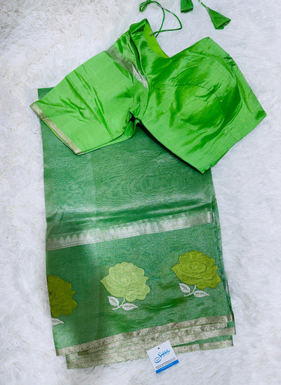 Elegant Green Banarasi Kora Silk Saree with Rose Floral Border & Matching Blouse