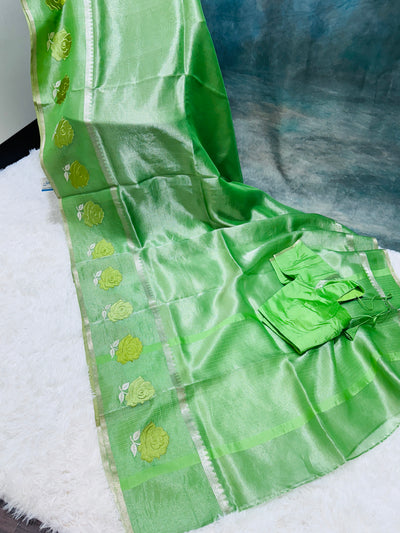 Elegant Green Banarasi Kora Silk Saree with Rose Floral Border & Matching Blouse