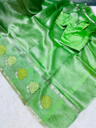 Elegant Green Banarasi Kora Silk Saree with Rose Floral Border & Matching Blouse