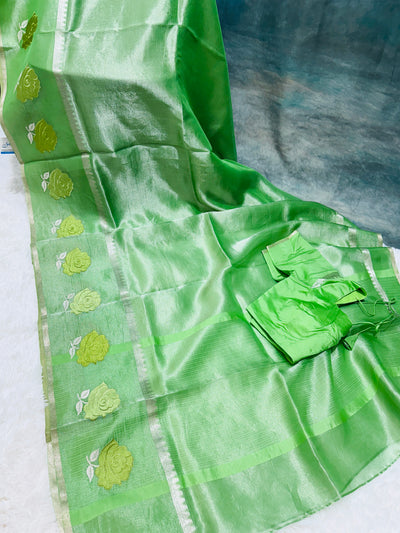 Elegant Green Banarasi Kora Silk Saree with Rose Floral Border & Matching Blouse