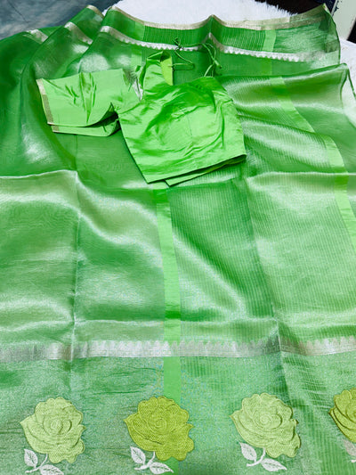 Elegant Green Banarasi Kora Silk Saree with Rose Floral Border & Matching Blouse