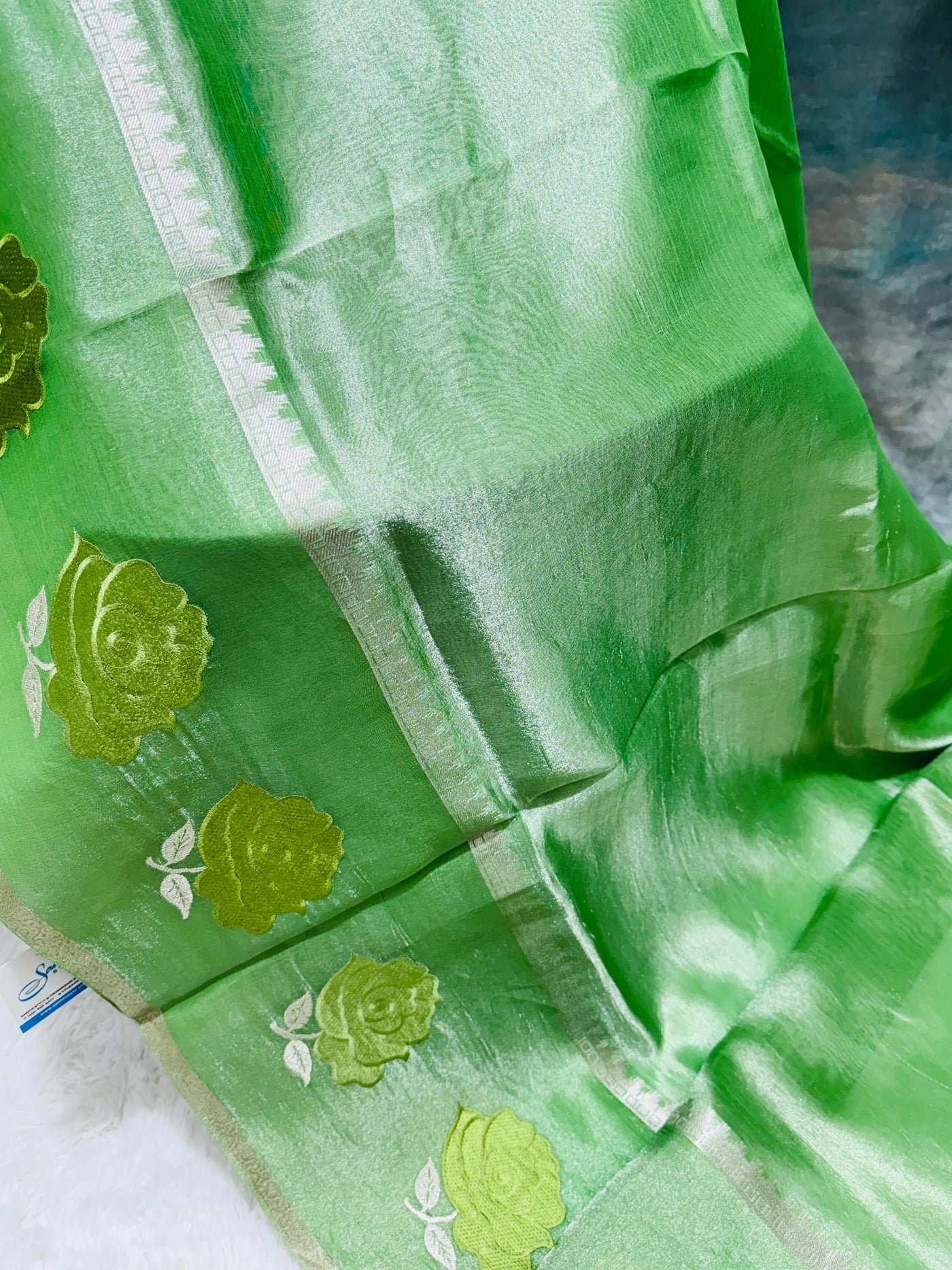 Elegant Green Banarasi Kora Silk Saree with Rose Floral Border & Matching Blouse