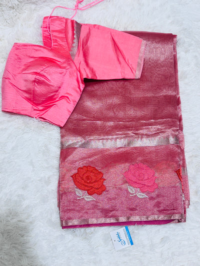Peach Banarasi Kora Silk Saree with Rose Motif Border & Matching Blouse