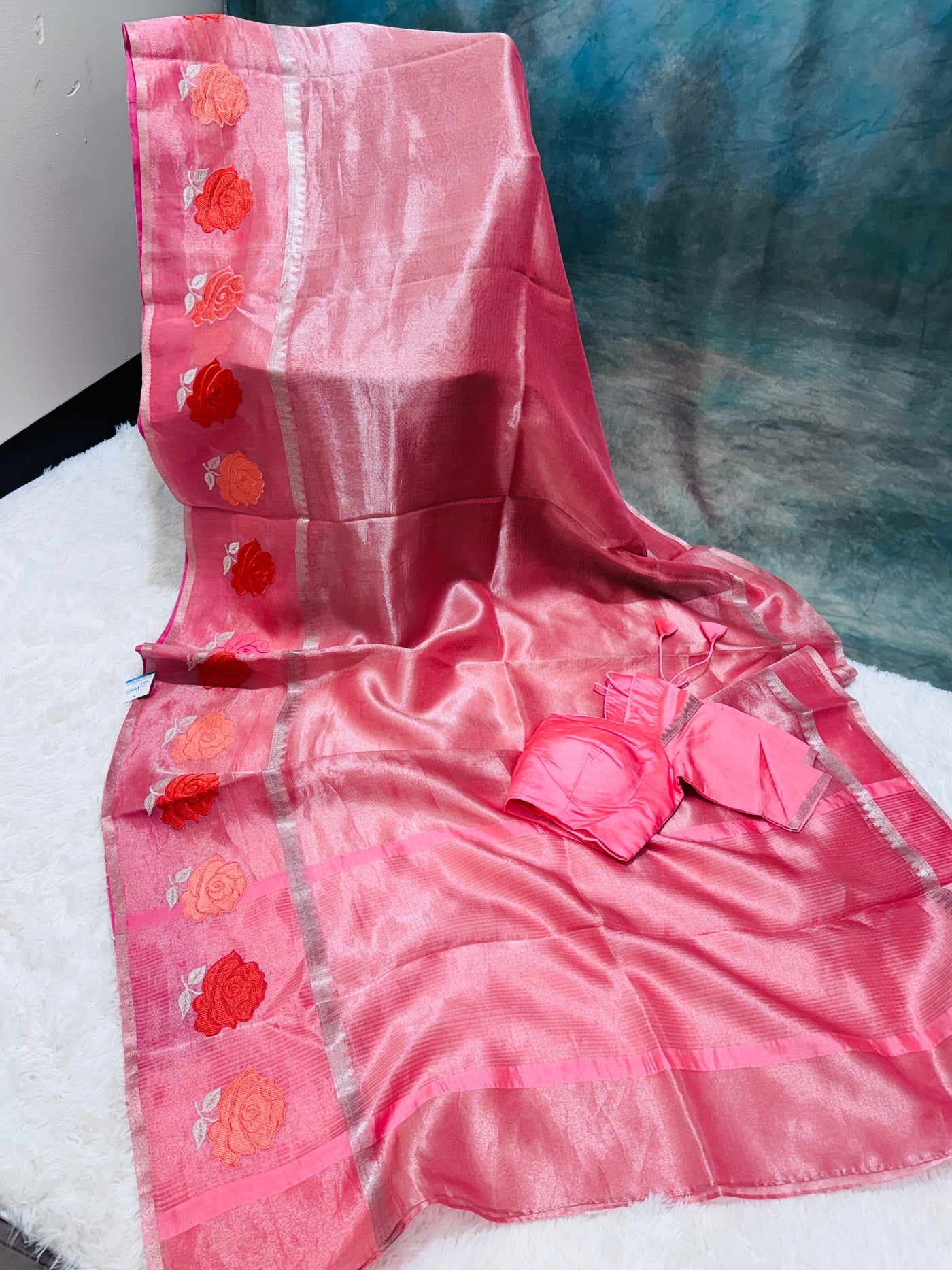 Peach Banarasi Kora Silk Saree with Rose Motif Border & Matching Blouse