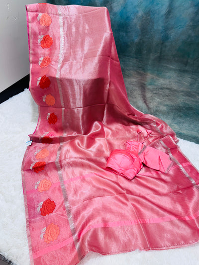 Peach Banarasi Kora Silk Saree with Rose Motif Border & Matching Blouse