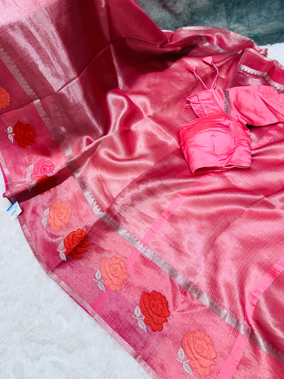 Peach Banarasi Kora Silk Saree with Rose Motif Border & Matching Blouse