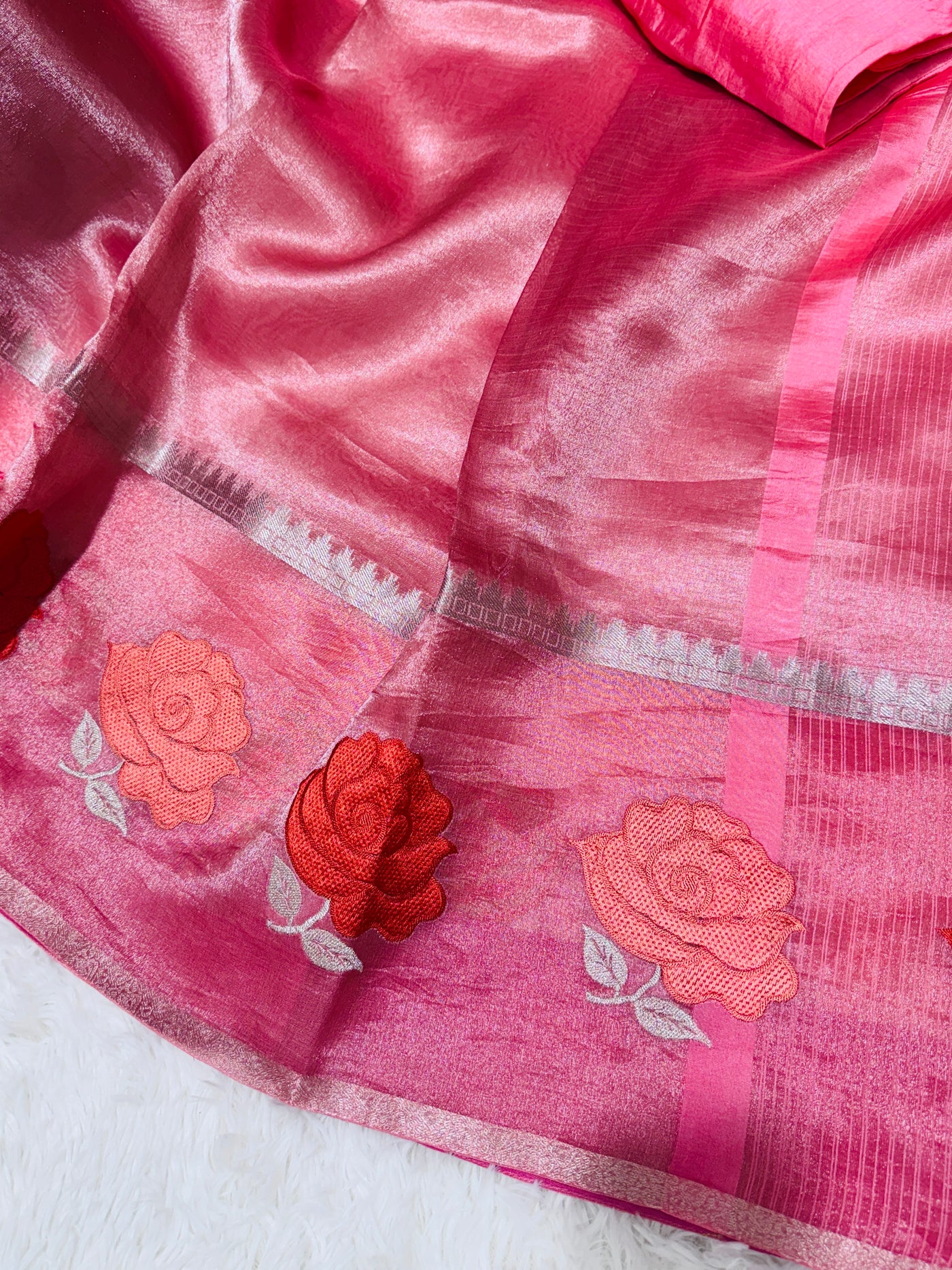 Peach Banarasi Kora Silk Saree with Rose Motif Border & Matching Blouse