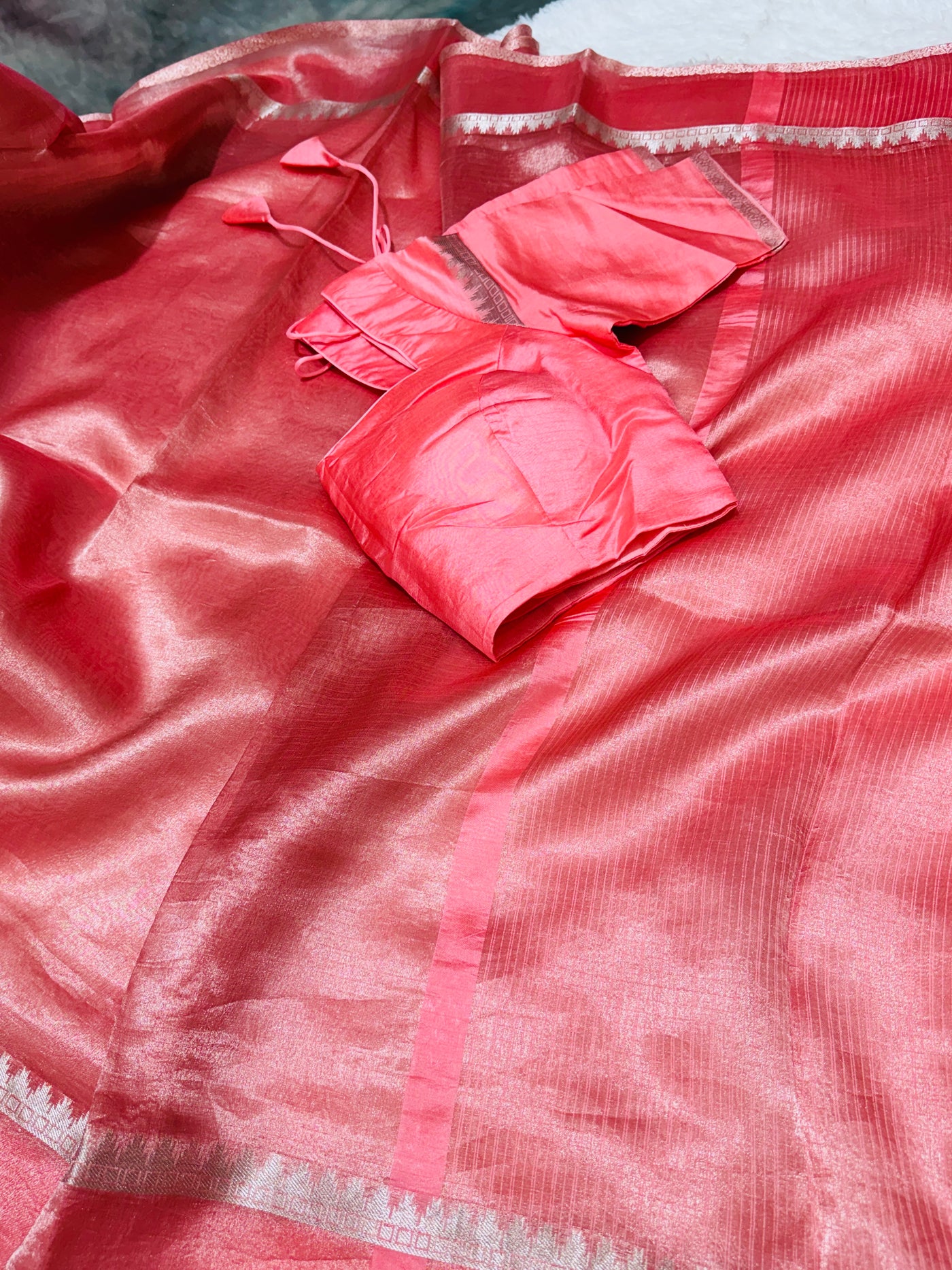 Peach Banarasi Kora Silk Saree with Rose Motif Border & Matching Blouse