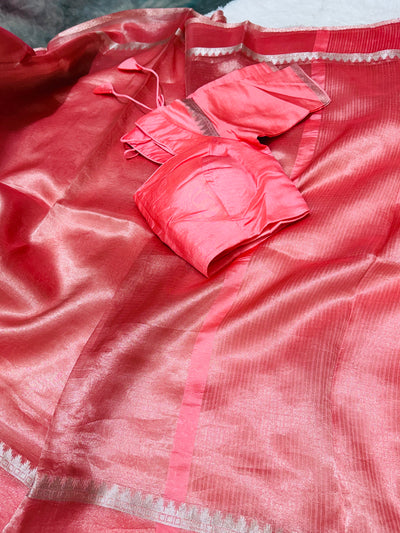 Peach Banarasi Kora Silk Saree with Rose Motif Border & Matching Blouse
