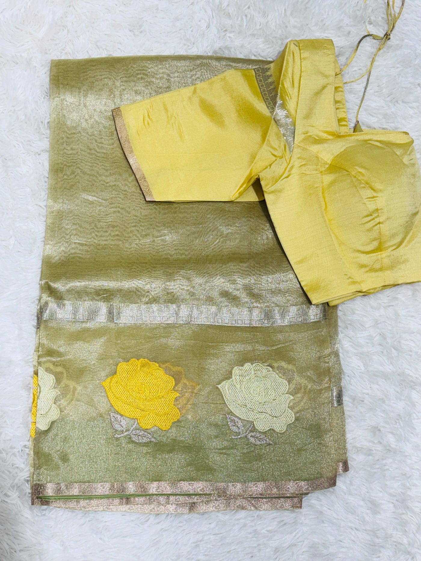 Yellow Banarasi Kora Silk Saree with Rose Motif Border & Matching Blouse