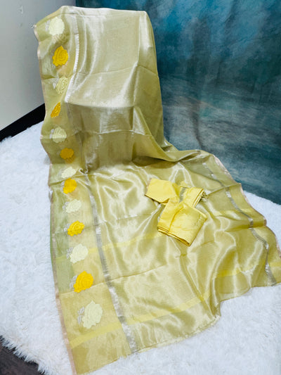 Yellow Banarasi Kora Silk Saree with Rose Motif Border & Matching Blouse