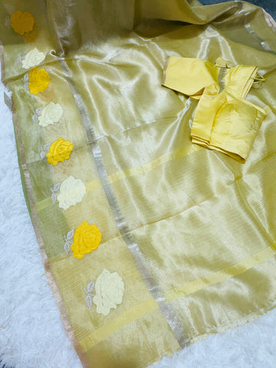 Yellow Banarasi Kora Silk Saree with Rose Motif Border & Matching Blouse