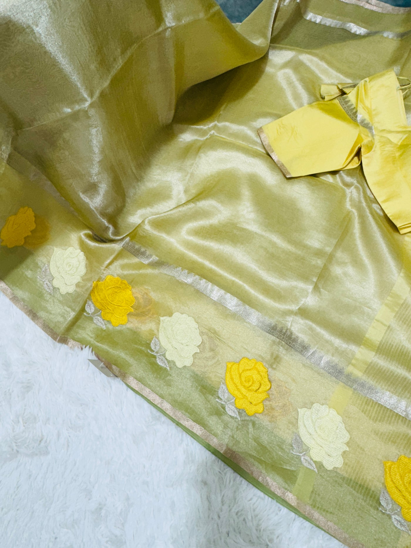 Yellow Banarasi Kora Silk Saree with Rose Motif Border & Matching Blouse