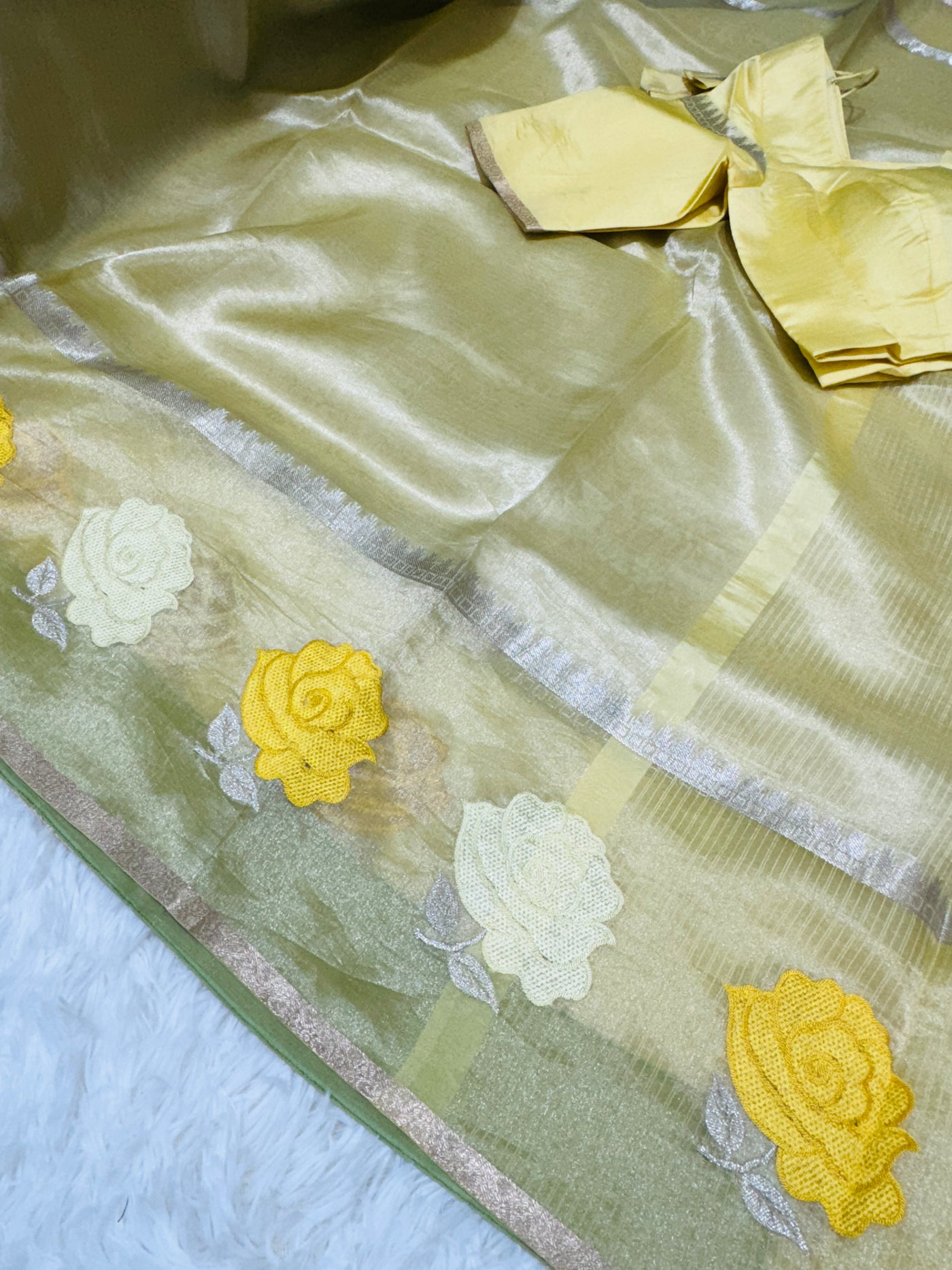 Yellow Banarasi Kora Silk Saree with Rose Motif Border & Matching Blouse