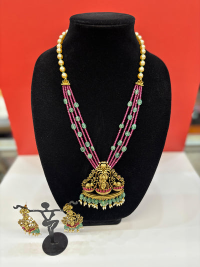 Traditional Temple Jewellery Set – Antique Gold Finish with Pearl, Ruby & Emerald Beads