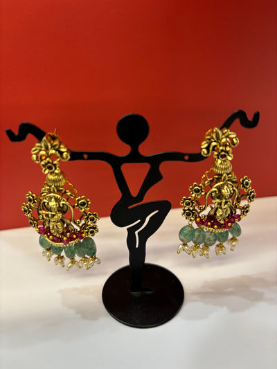 Traditional Temple Jewellery Set – Antique Gold Finish with Pearl, Ruby & Emerald Beads