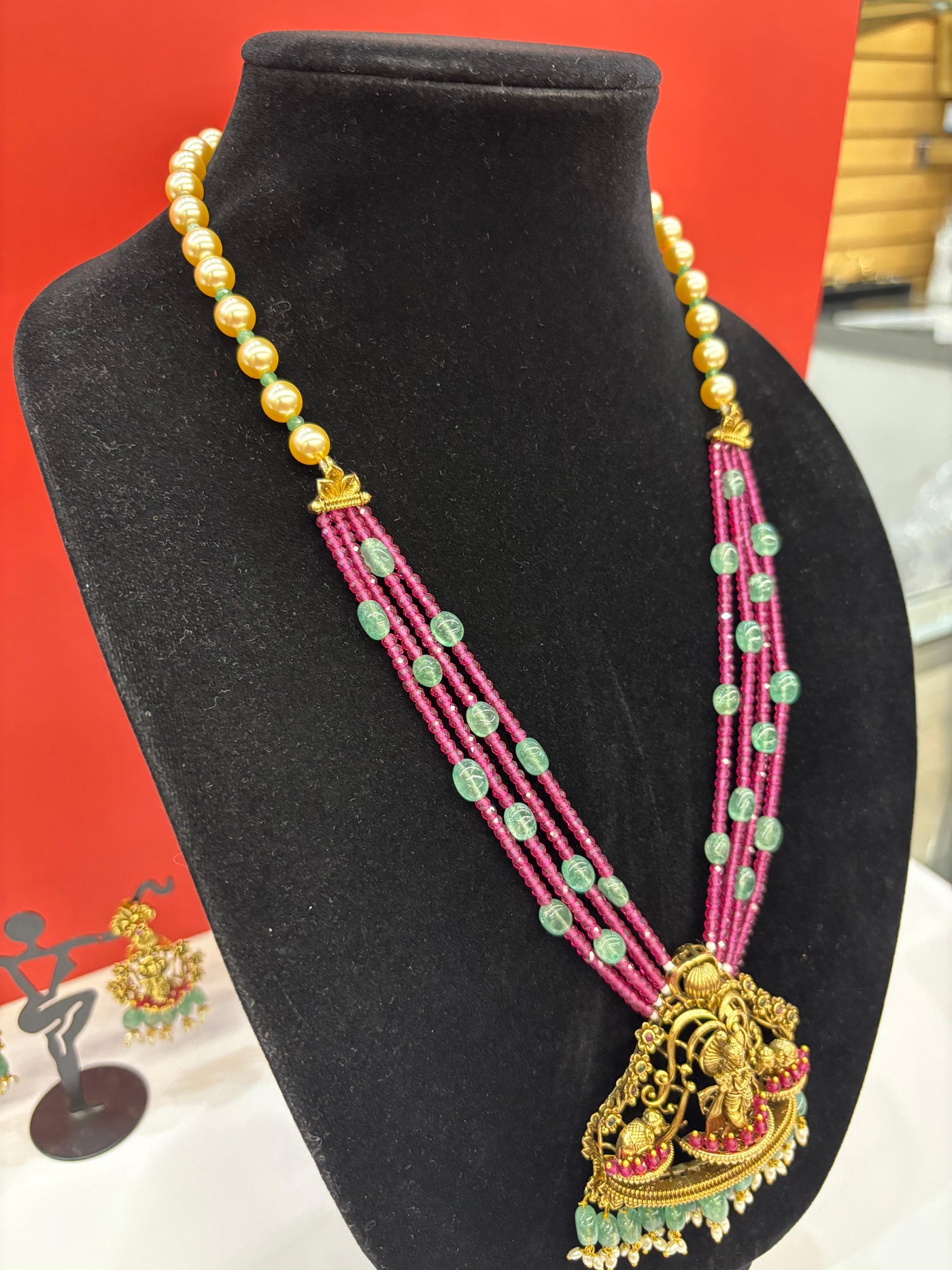 Traditional Temple Jewellery Set – Antique Gold Finish with Pearl, Ruby & Emerald Beads