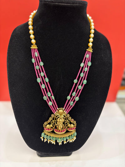 Traditional Temple Jewellery Set – Antique Gold Finish with Pearl, Ruby & Emerald Beads