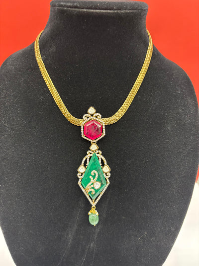 Royal Kundan-Inspired Necklace & Earring Set – Emerald & Ruby Tones