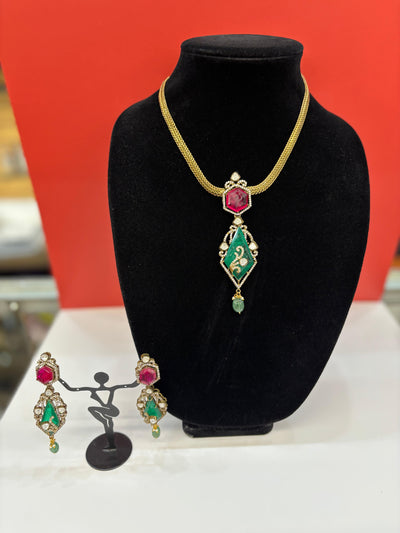 Royal Kundan-Inspired Necklace & Earring Set – Emerald & Ruby Tones
