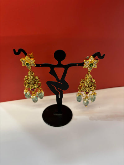 Antique Temple Choker Necklace Set – Lakshmi & Peacock Motif with Green Beads