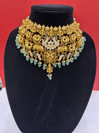 Antique Temple Choker Necklace Set – Lakshmi & Peacock Motif with Green Beads