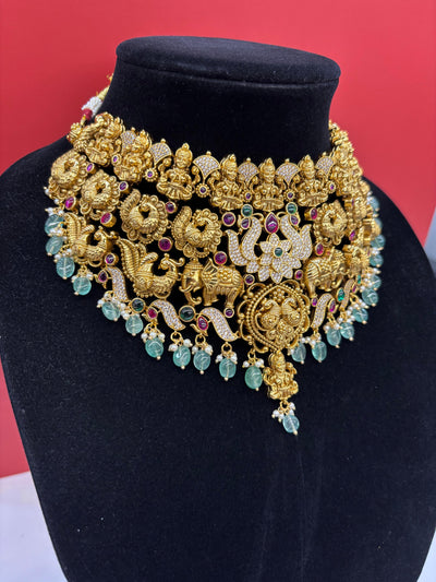 Antique Temple Choker Necklace Set – Lakshmi & Peacock Motif with Green Beads