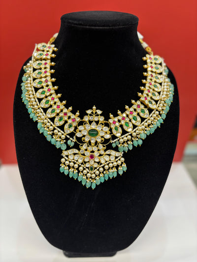 Kundan Bridal Necklace with Emerald Beads & Pearl Detailing