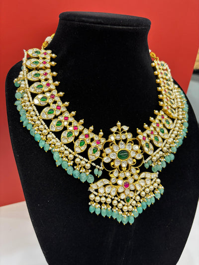 Kundan Bridal Necklace with Emerald Beads & Pearl Detailing