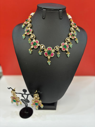 Floral Kundan Necklace Set with Green Beads & AD Stone Detailing