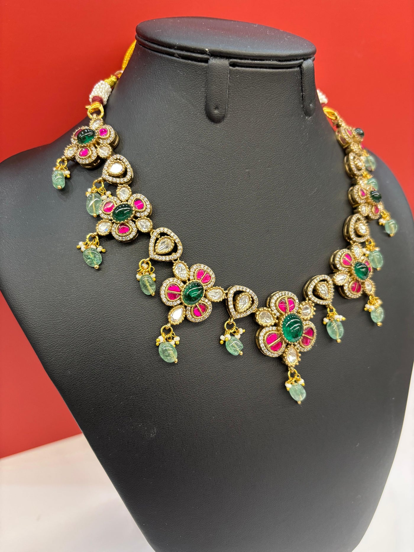Floral Kundan Necklace Set with Green Beads & AD Stone Detailing