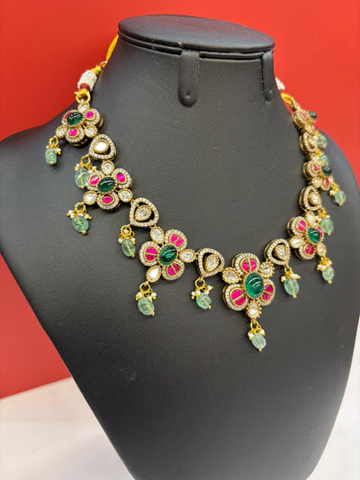 Floral Kundan Necklace Set with Green Beads & AD Stone Detailing