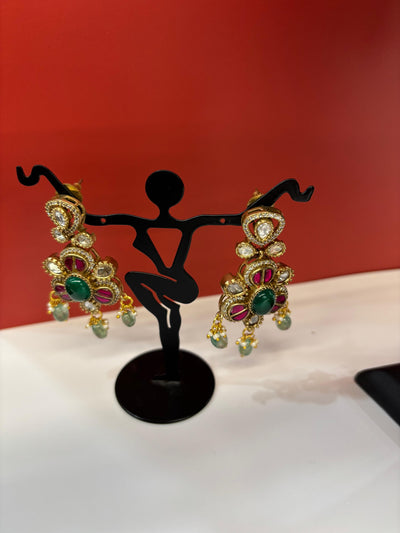 Floral Kundan Necklace Set with Green Beads & AD Stone Detailing