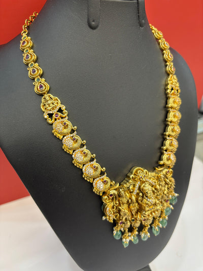 Antique Temple Goddess Necklace Set with Green Bead Drops & Matching Jhumkas