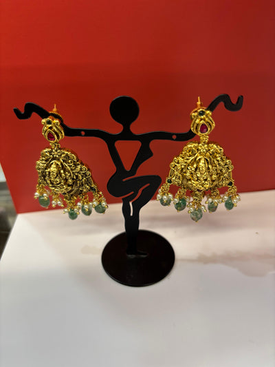 Antique Temple Goddess Necklace Set with Green Bead Drops & Matching Jhumkas