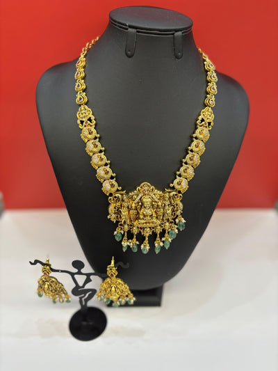 Antique Temple Goddess Necklace Set with Green Bead Drops & Matching Jhumkas