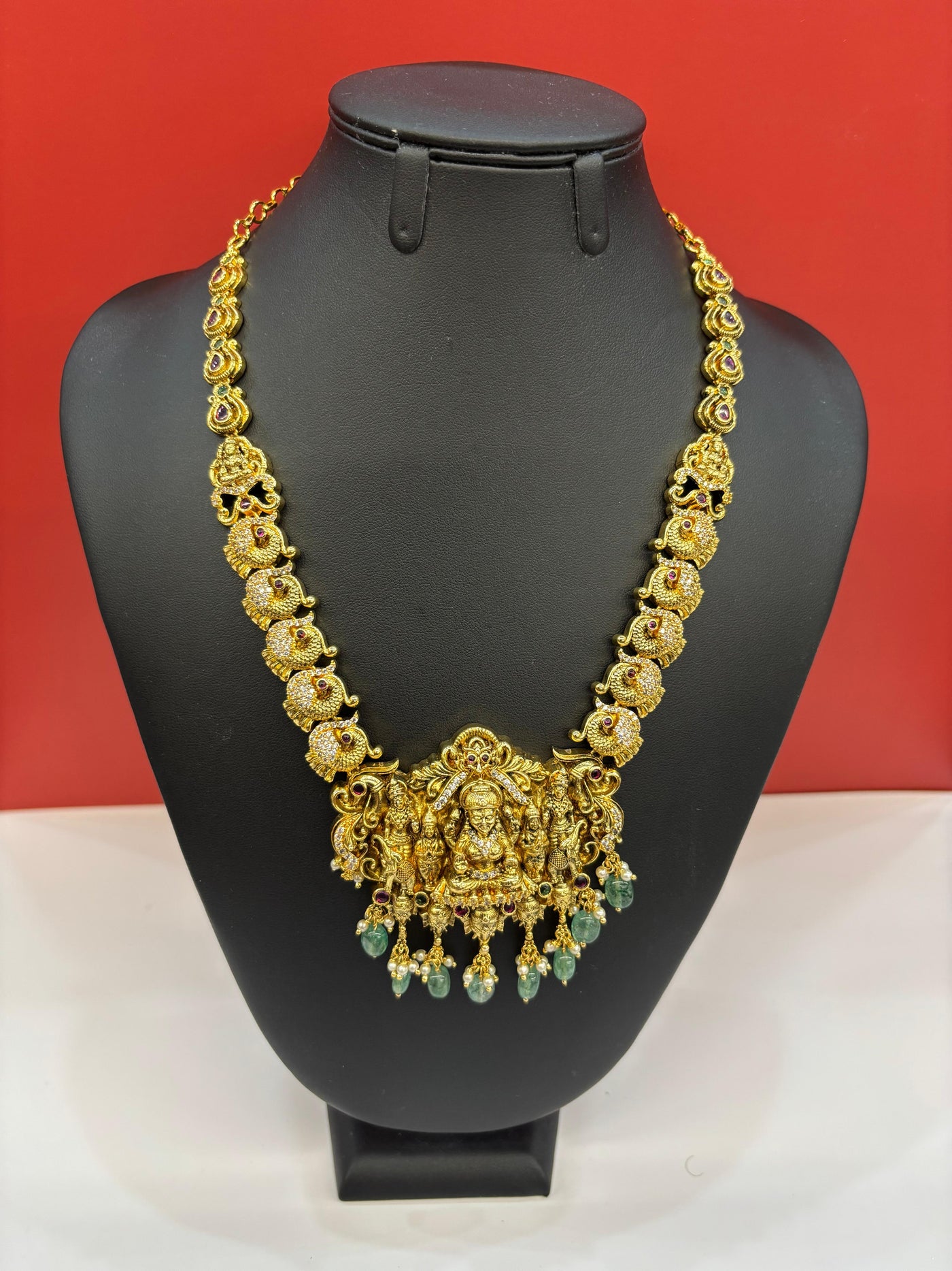 Antique Temple Goddess Necklace Set with Green Bead Drops & Matching Jhumkas