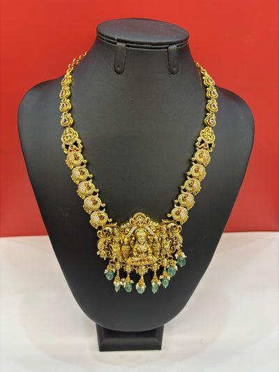 Antique Temple Goddess Necklace Set with Green Bead Drops & Matching Jhumkas