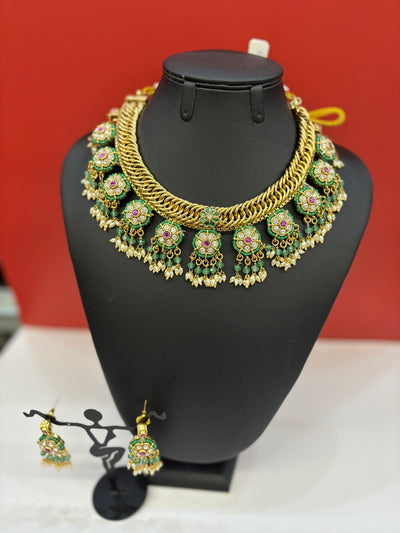 Gold-Tone Floral Choker Necklace Set with Green Enamel & Pearl Drops