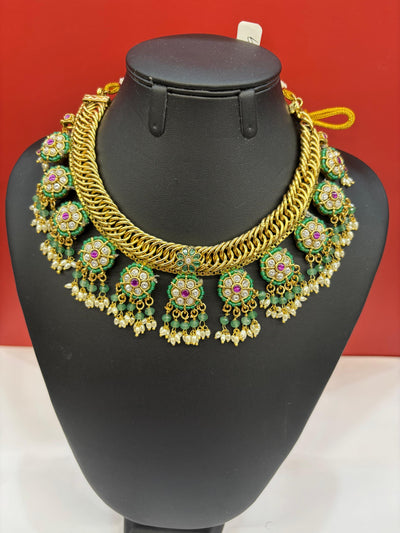 Gold-Tone Floral Choker Necklace Set with Green Enamel & Pearl Drops