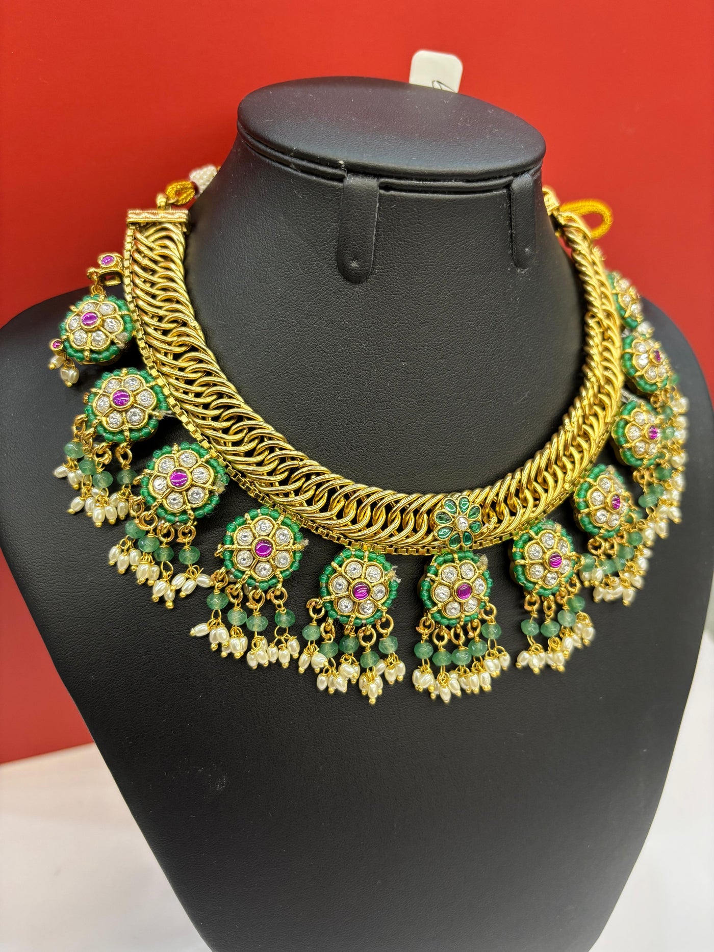 Gold-Tone Floral Choker Necklace Set with Green Enamel & Pearl Drops
