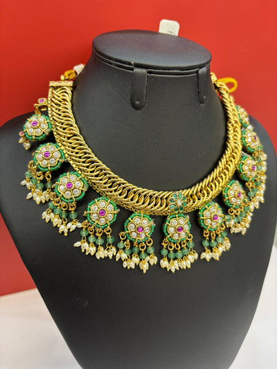 Gold-Tone Floral Choker Necklace Set with Green Enamel & Pearl Drops