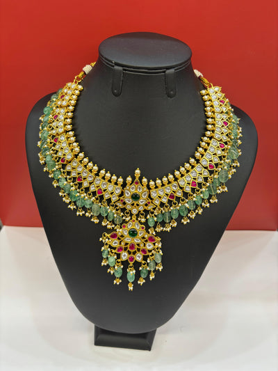 Gold-Plated Kundan & Emerald Bead Bridal Necklace with Ruby Accents